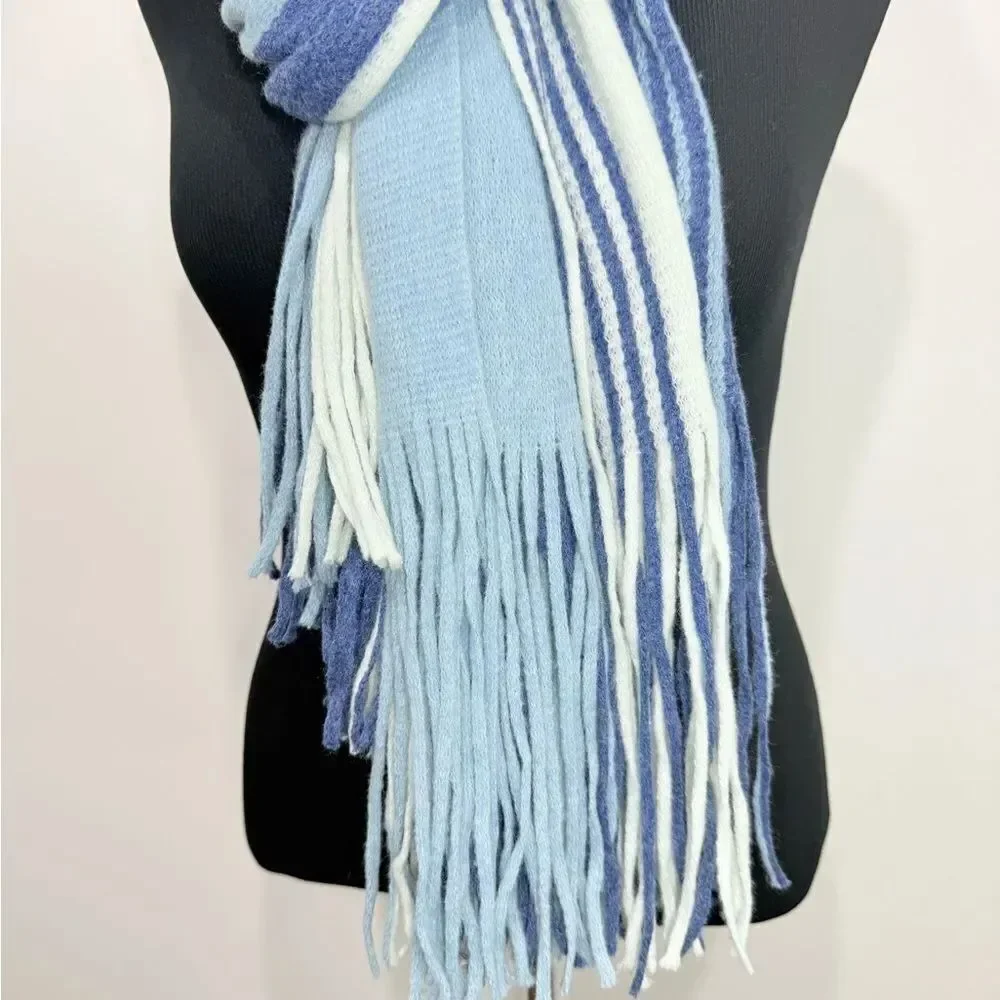 Free People Color Block Blue Stripe Oversized Fringed Edge Scarf Shawl Wrap